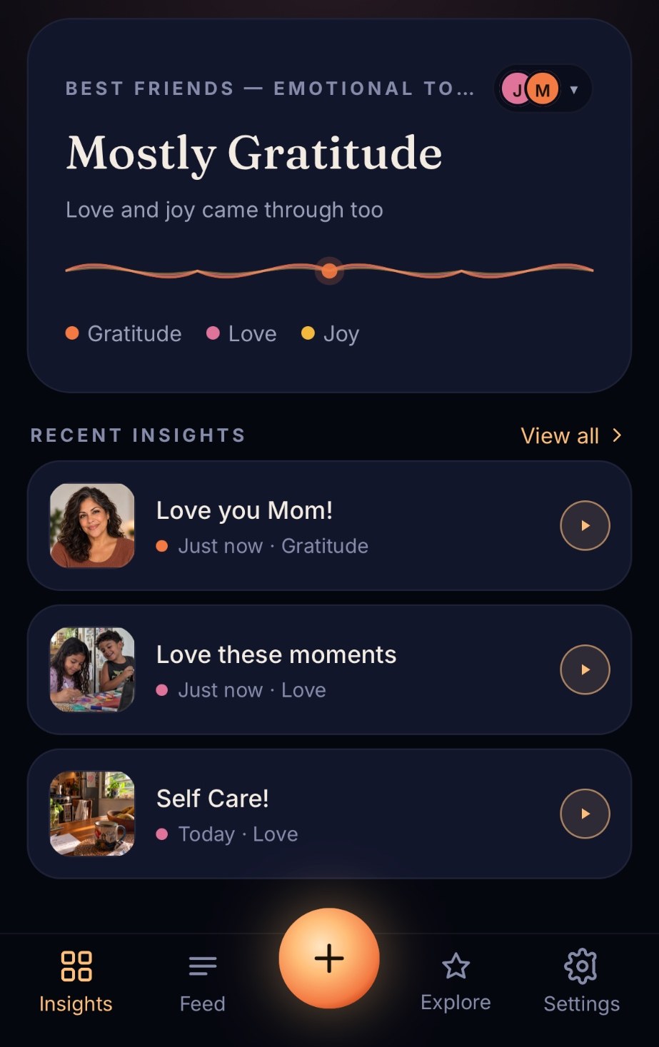 Best Friends Circle emotional tone: mostly gratitude, with love and joy too, above three recent voice insights.