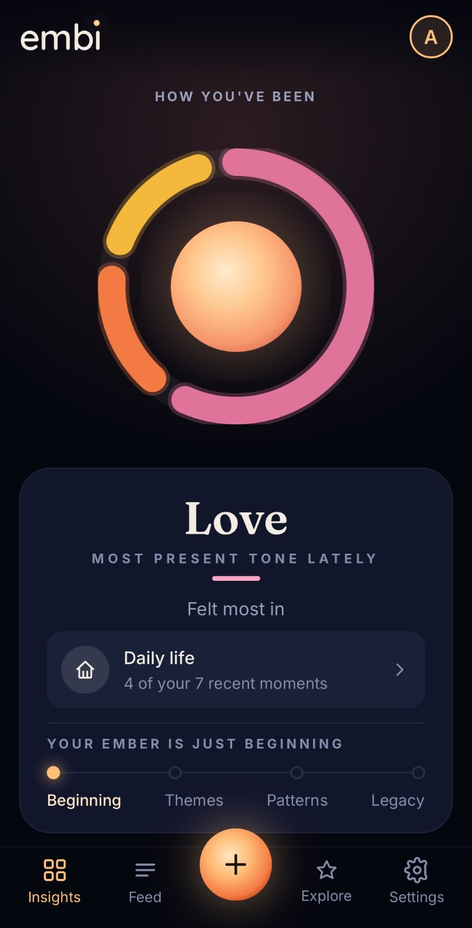 Embi Insights screen: How you've been. A ring of love, joy and gratitude around the ember orb. Love is the most present tone lately, felt most in daily life, 4 of your 7 recent moments. Your Ember is just beginning.