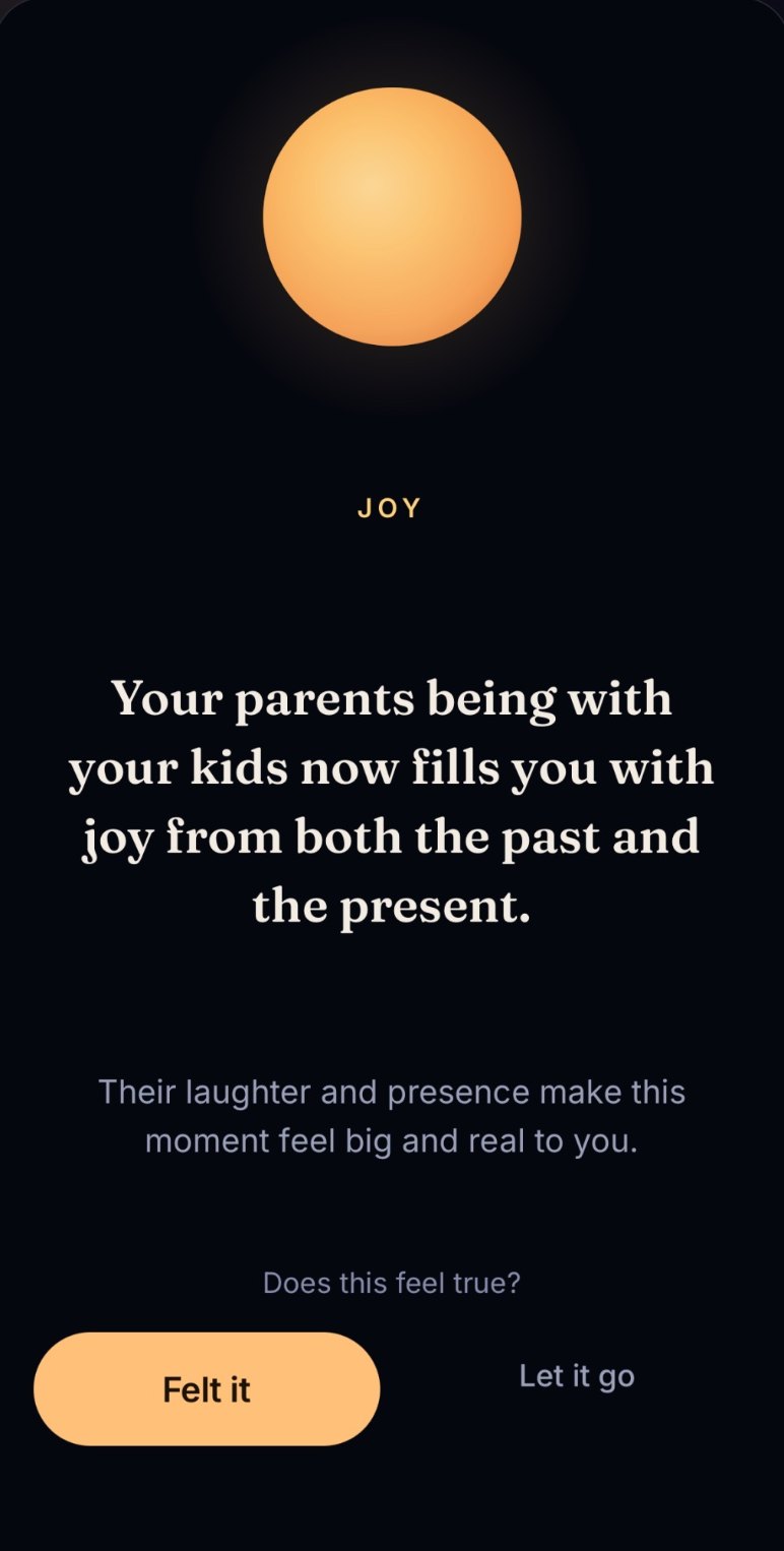 Embi insight screen tagged Joy: Your parents being with your kids now fills you with joy from both the past and the present. Does this feel true? Felt it, or Let it go.