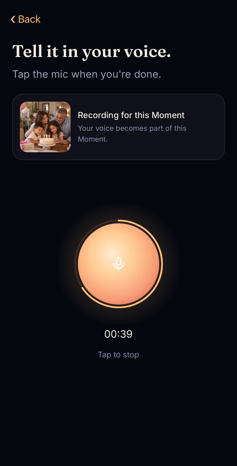 Embi recording screen: Tell it in your voice. A family birthday photo is attached, and the glowing mic shows 00:39 with Tap to stop.